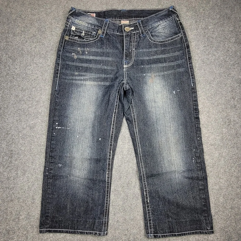 True Religion Ricky Jeans Mens 38x24 Blue Paint Splatter Contrast Stitch USA